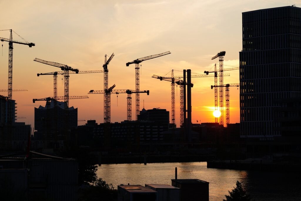construction site, sunset, nature, construction crane, water, elbphilarmonie, hafencity, hamburg