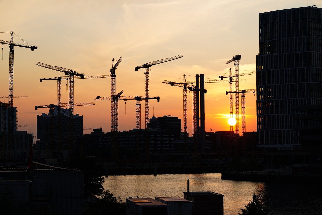construction site, sunset, nature, construction crane, water, elbphilarmonie, hafencity, hamburg