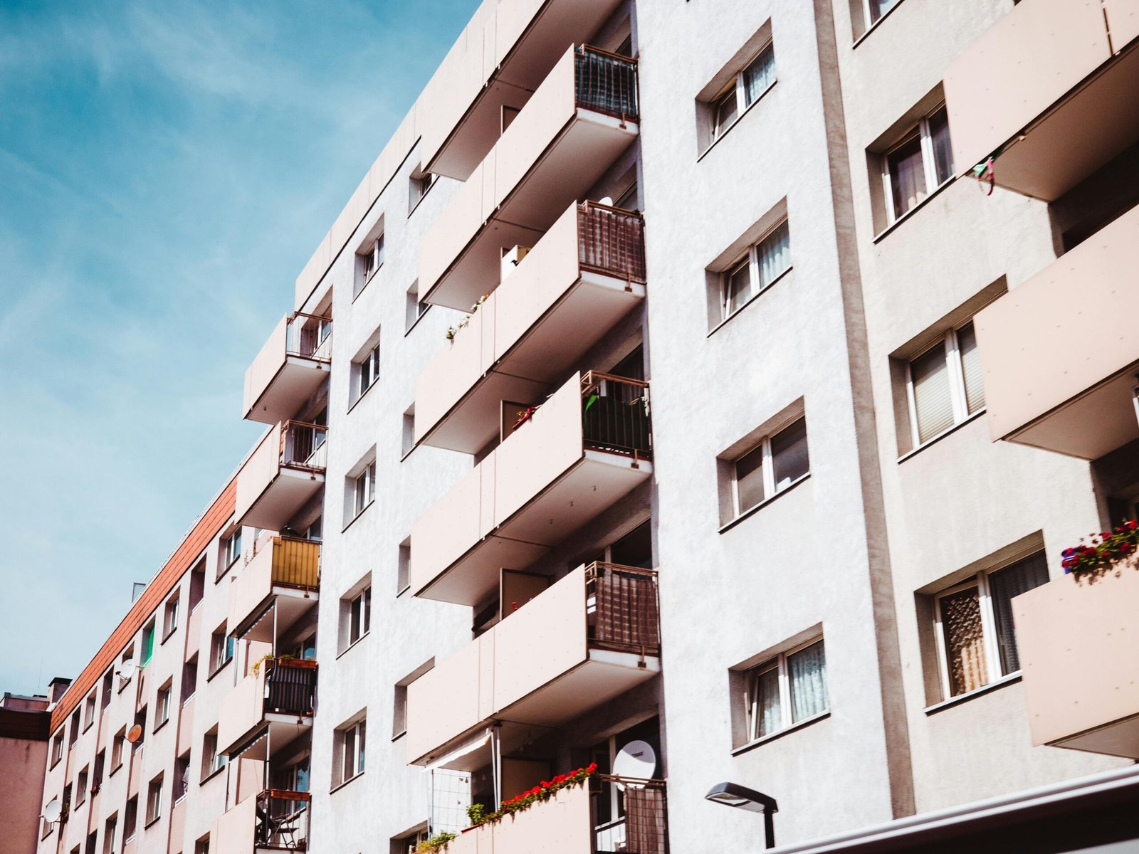 Contemporary apartment building with balconies in an urban setting, Frankfurt am Main.
